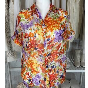 Apparenza Women's Size 1X Multicolor Floral Sheer Button Up Blouse #0388